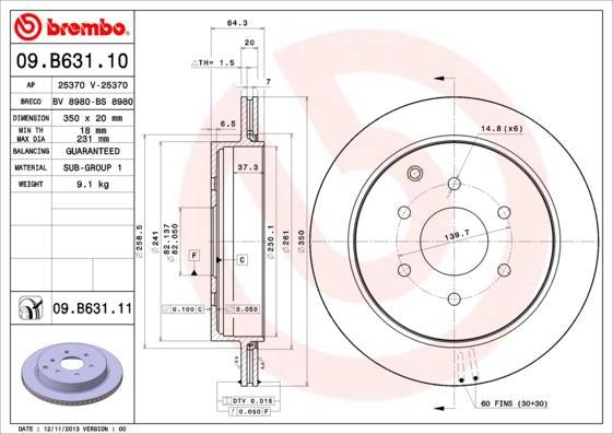 

Тормозной диск brembo задний для Nissan Patrol Y62 2010-/Infiniti QX56 2010- 09B63111