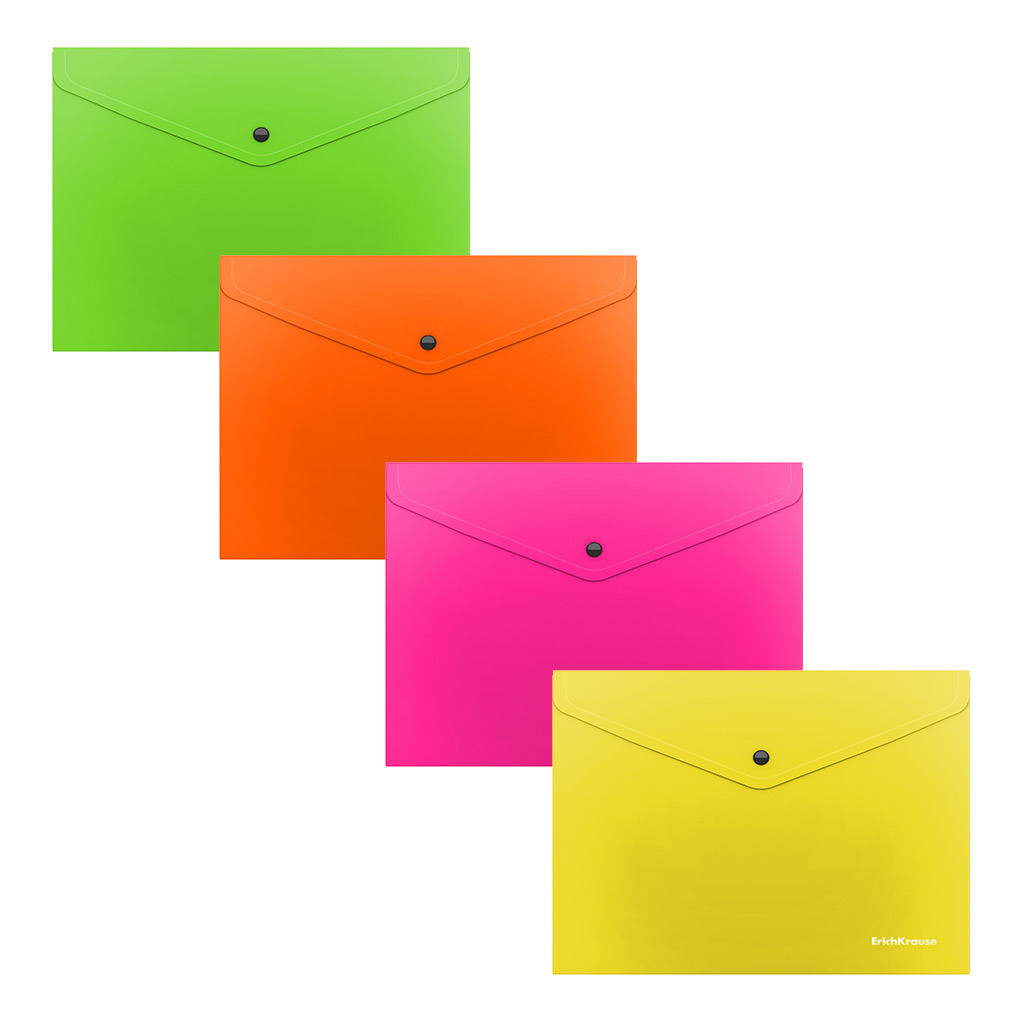 

Папка-конверт на кнопке пластиковая ErichKrause Glossy Neon, полупрозрачная, C6