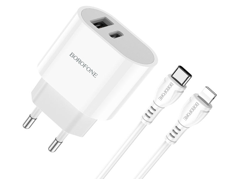 фото Сетевое зарядное устройство borofone ba62a 1xusb, 1xusb type-c 2.4 а белый