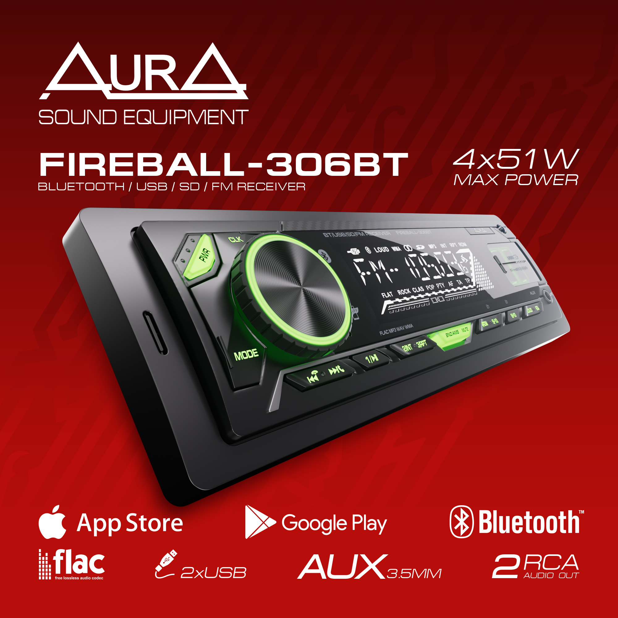 Ресивер автомобильный AurA FIREBALL-306 USB/SD