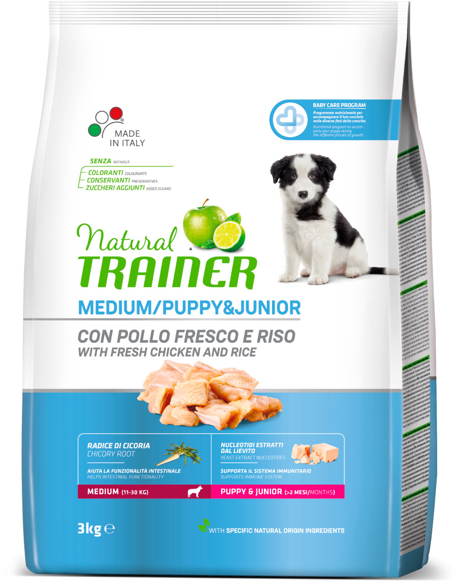 Сухой корм для щенков TRAINER Natural Puppy&Junior Medium, для средних пород, курица, 3кг