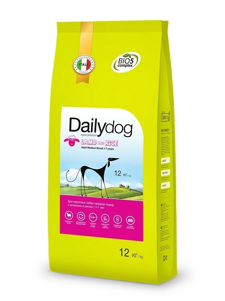 Сухой корм для собак Dailydog Adult Medium Breed, для средних пород, ягненок и рис, 12кг