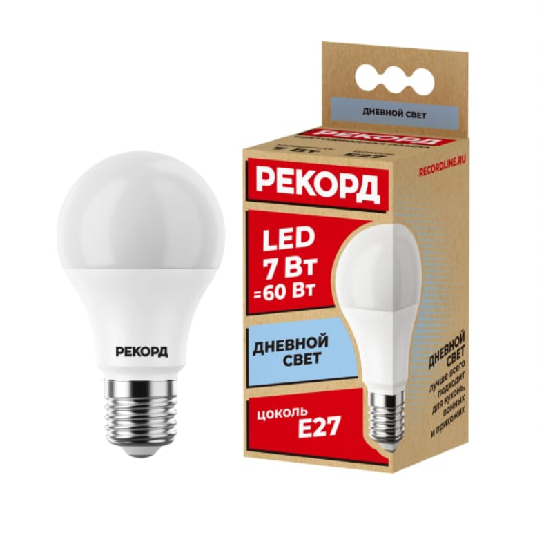 

Светодиодная лампа Рекорд LED А60 7W Е27 4000К груша матовая