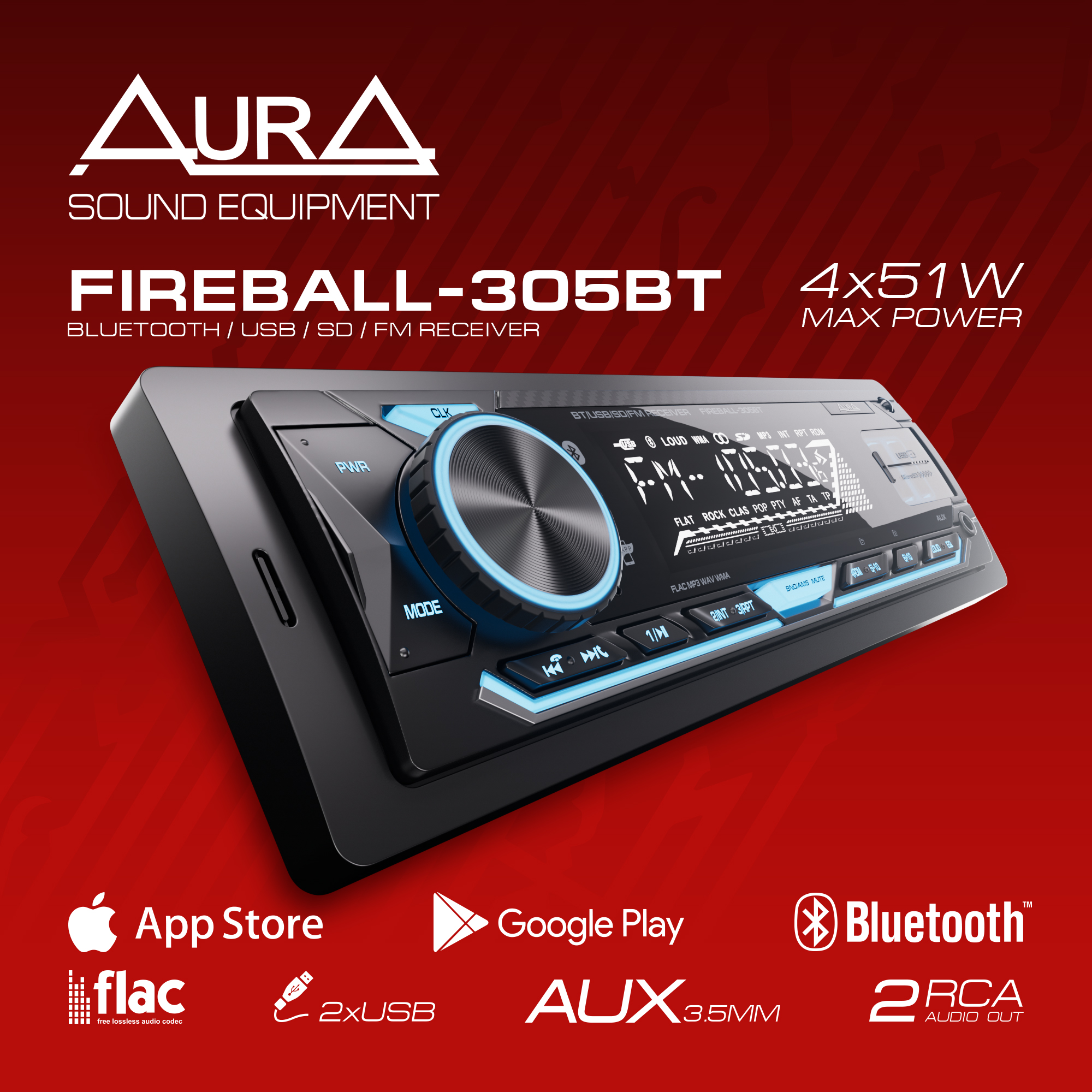 Ресивер автомобильный AurA FIREBALL-305BT USB/SD