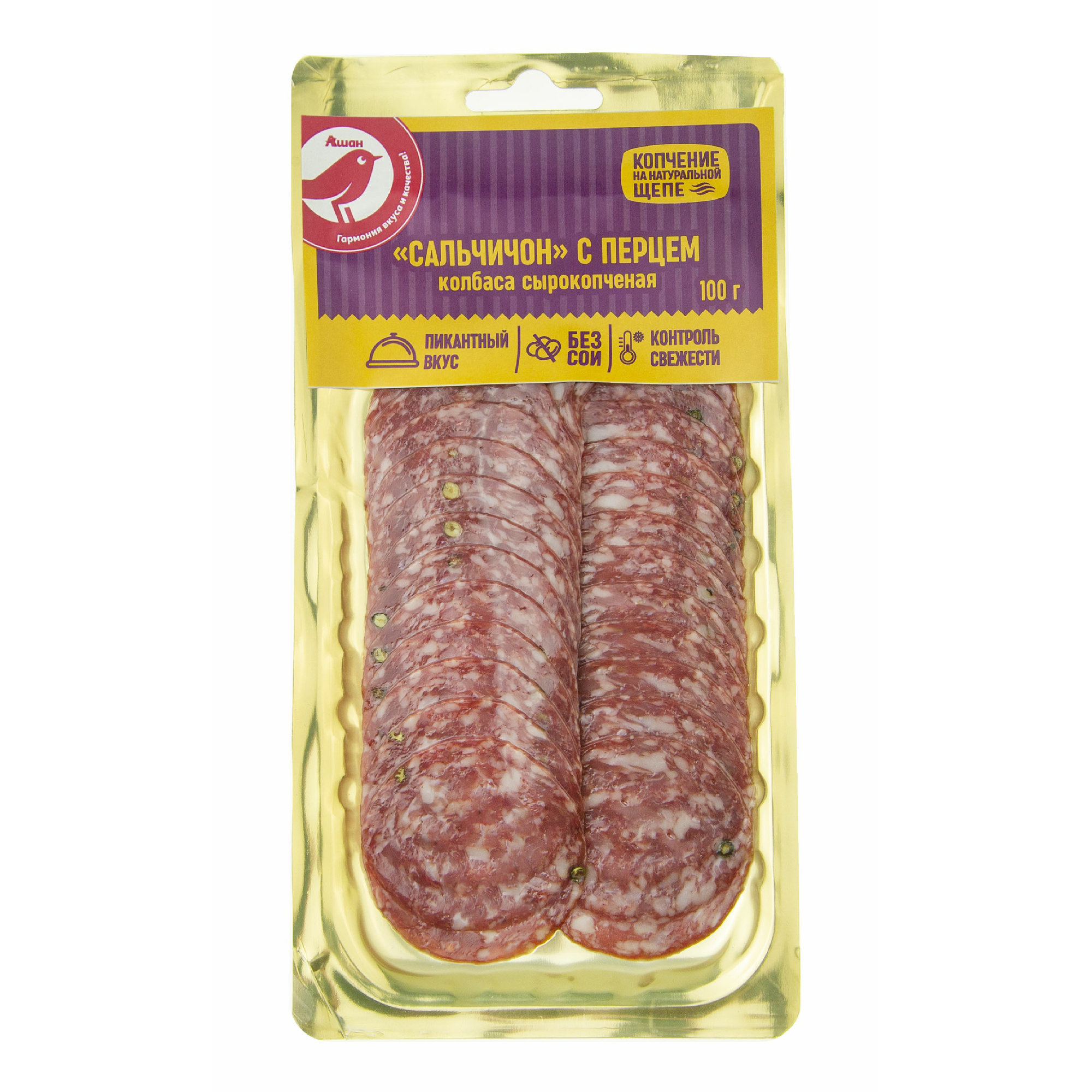 Колбаса сырокопченая АШАН Красная птица Сальчичон с перцем нарезка 100 г