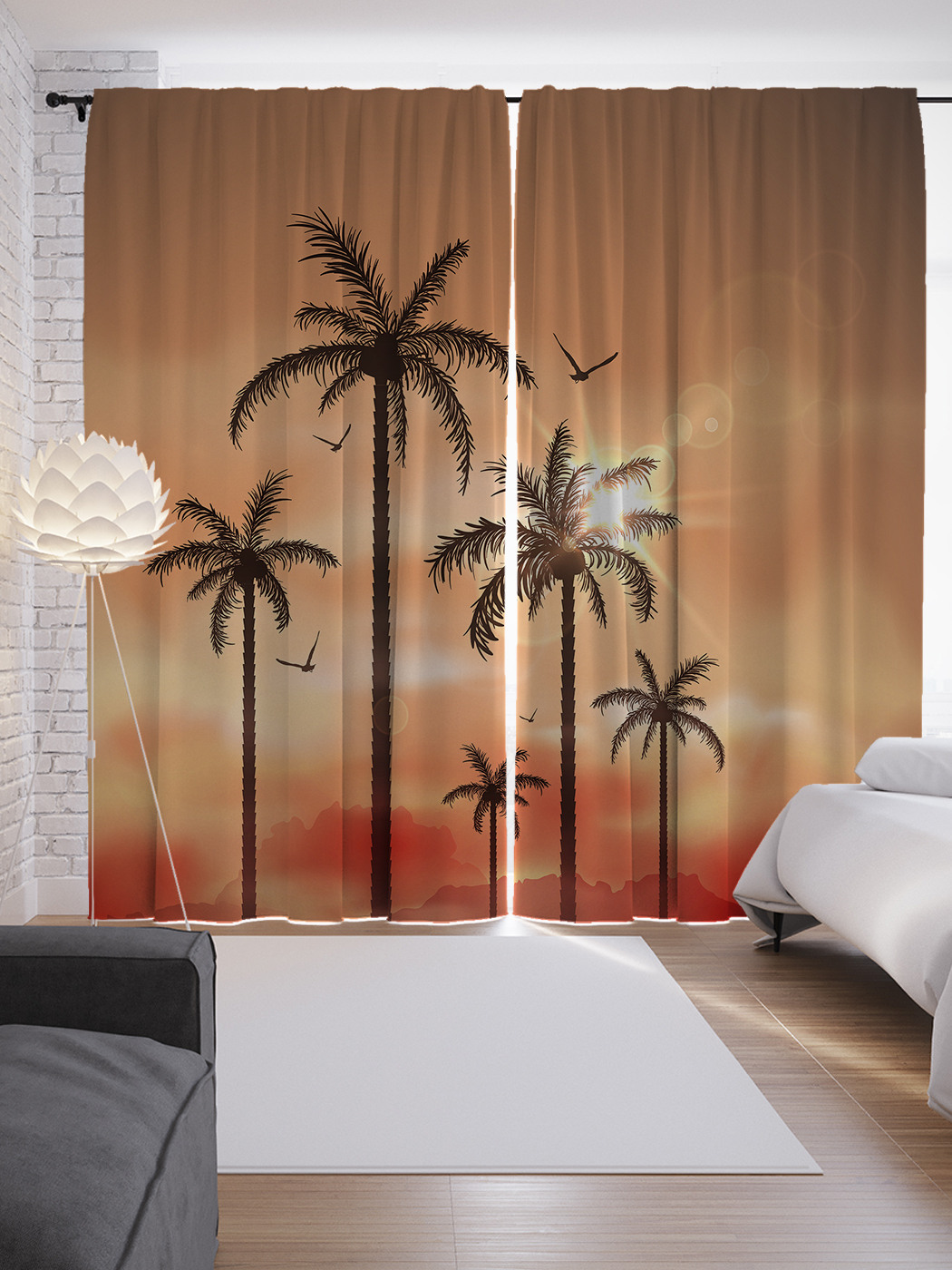 фото Шторы с фотопечатью "пальмы на закате" из сатена, 290х265 см joyarty