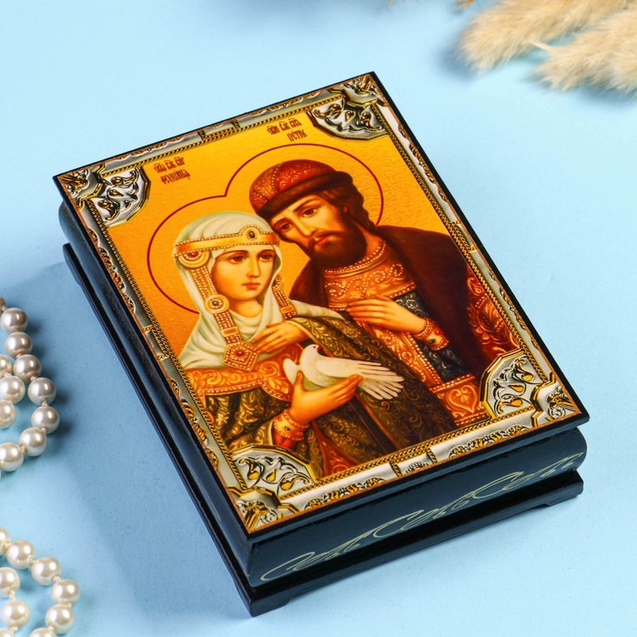 

Шкатулка «Петр и Февронья» 10x14 см, лаковая миниатюра, Черный;золотистый