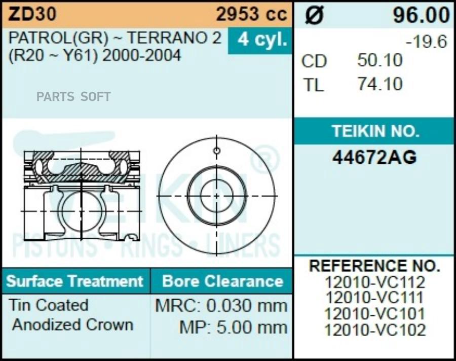 

Поршень без колец TEIKIN Nissan ZD30 d96.0 STD 12010-VK600; 12010-VX201