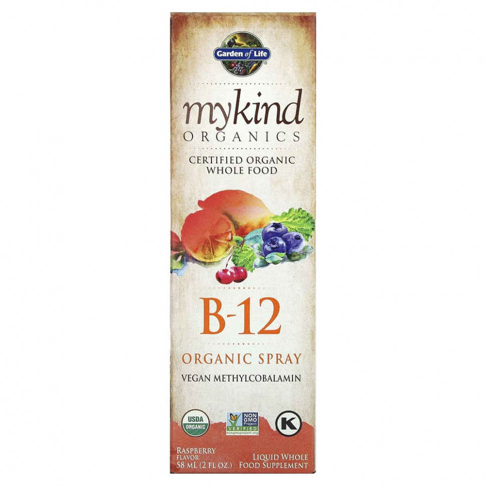 

Витамин B12 Garden of Life, MyKind Organics, с малиной, спрей, 58 мл