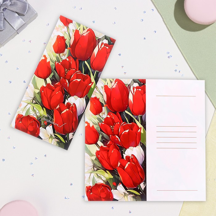 Открытка-евро Reazy Create С Праздником! 10324168-5p красные тюльпаны, 20х10 см, 5 шт