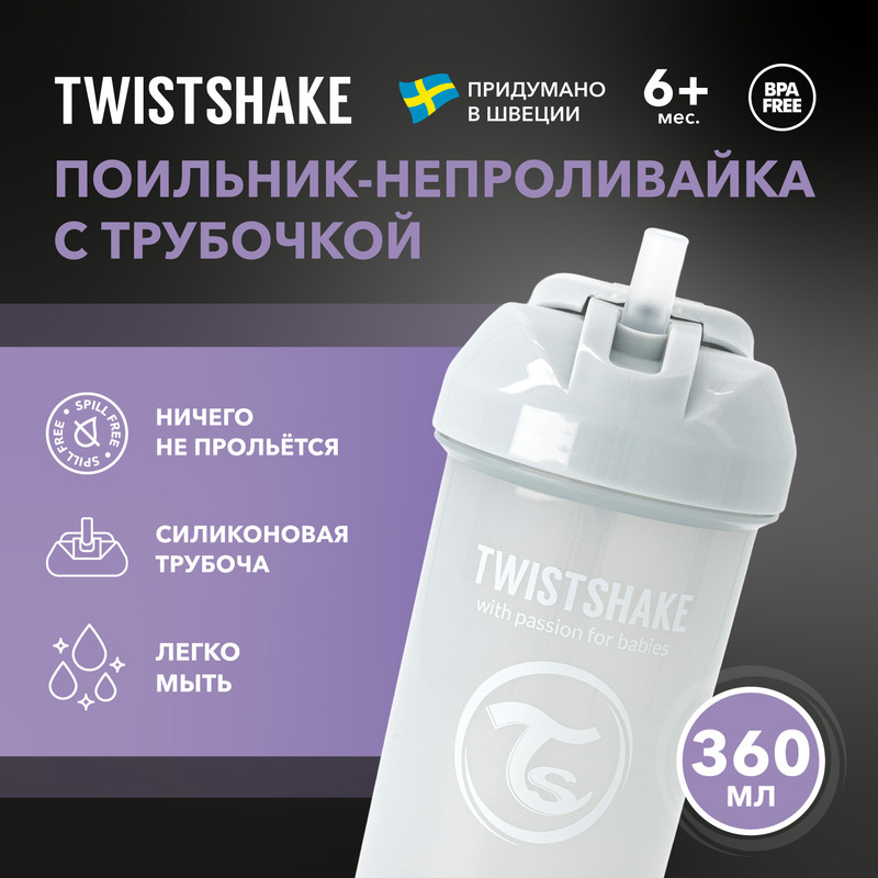 Детский поильник-непроливайка с трубочкой Twistshake Straw Cup серый 360 мл от 6 мес