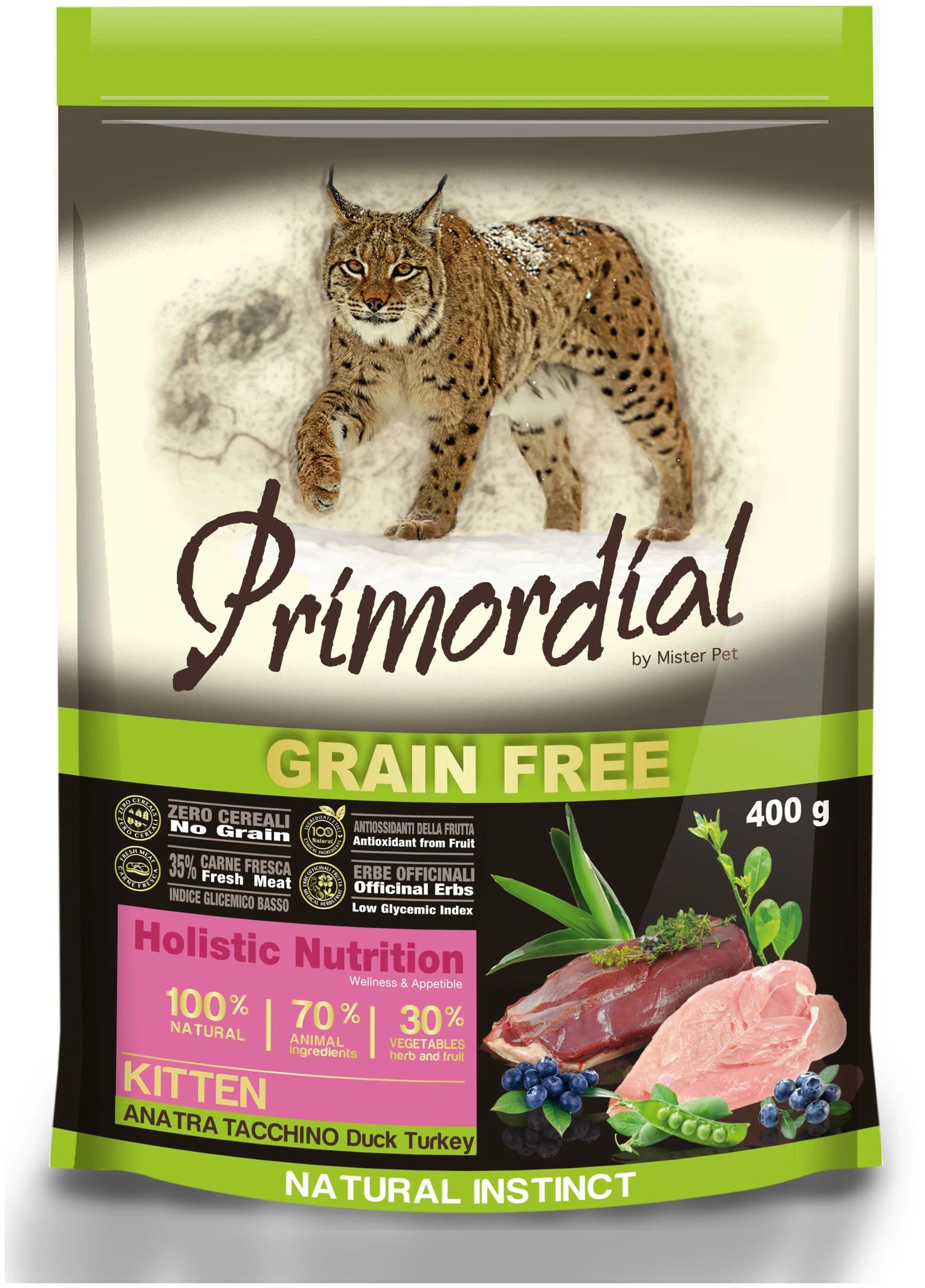 Сухой корм для котят Primordial беззерновой с уткой и индейкой, 10 шт по 0,4 кг
