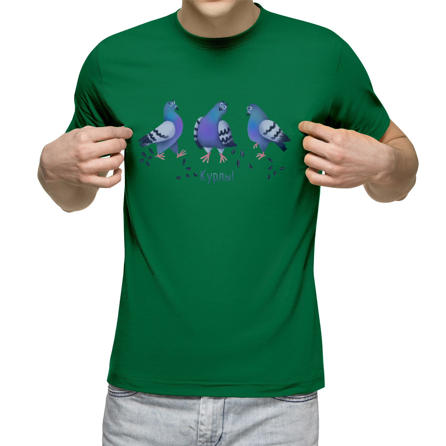 Футболка мужская Смешные голуби Курлы зеленая 2XL
