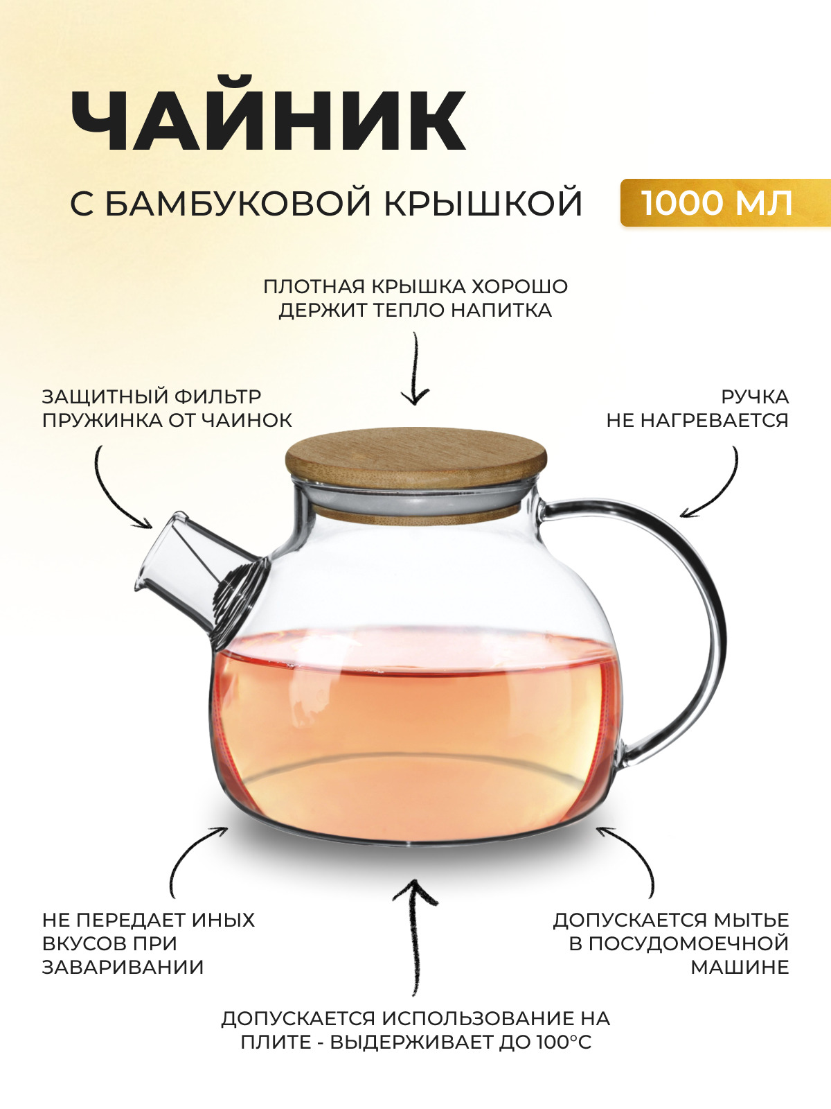 Чайник заварочный стеклянный с бамбуковой крышкой Repast 1 л 12*12 см