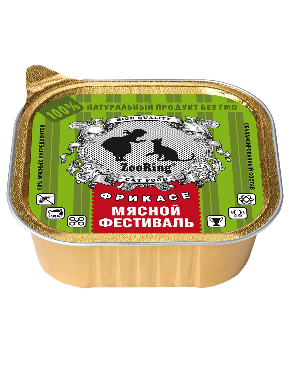 

Консервы для кошек ZooRing Фрикасе Мясной фестиваль, паштет, 16шт по 100г, мясо 100 г