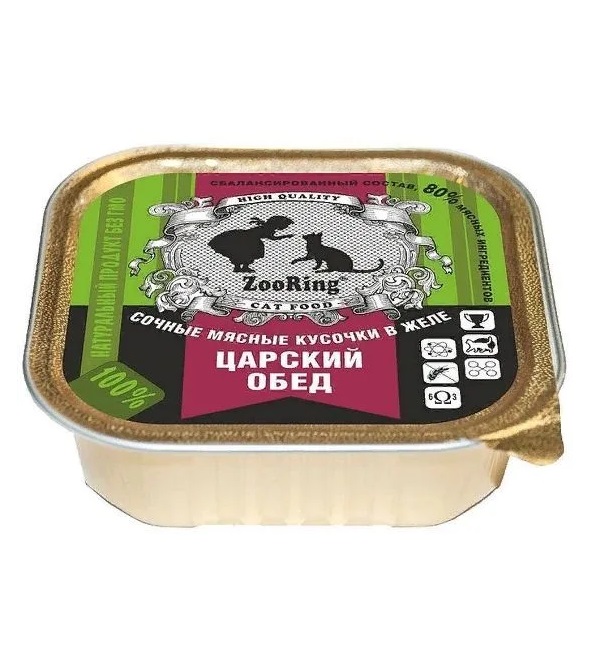 

Консервы для кошек ZooRing Царский обед в желе, 16 шт по 100 г, мясо 100 г