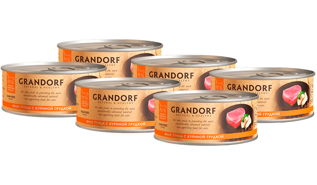 

Консервы для кошек Grandorf с филе тунца и куриной грудкой, 6 шт по 70 г, Natural&Healthy
