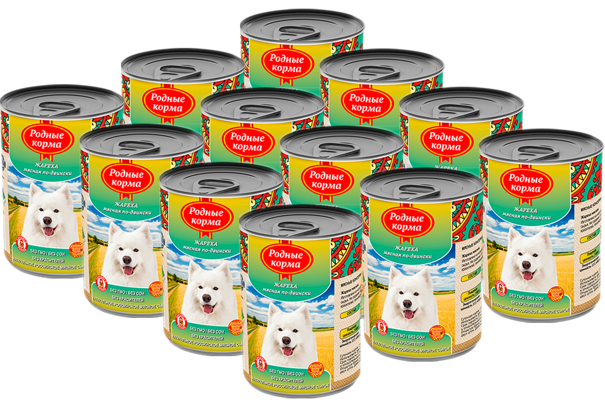 фото Влажный корм для собак родные корма жареха мясная по-двински, 12 шт по 970 г