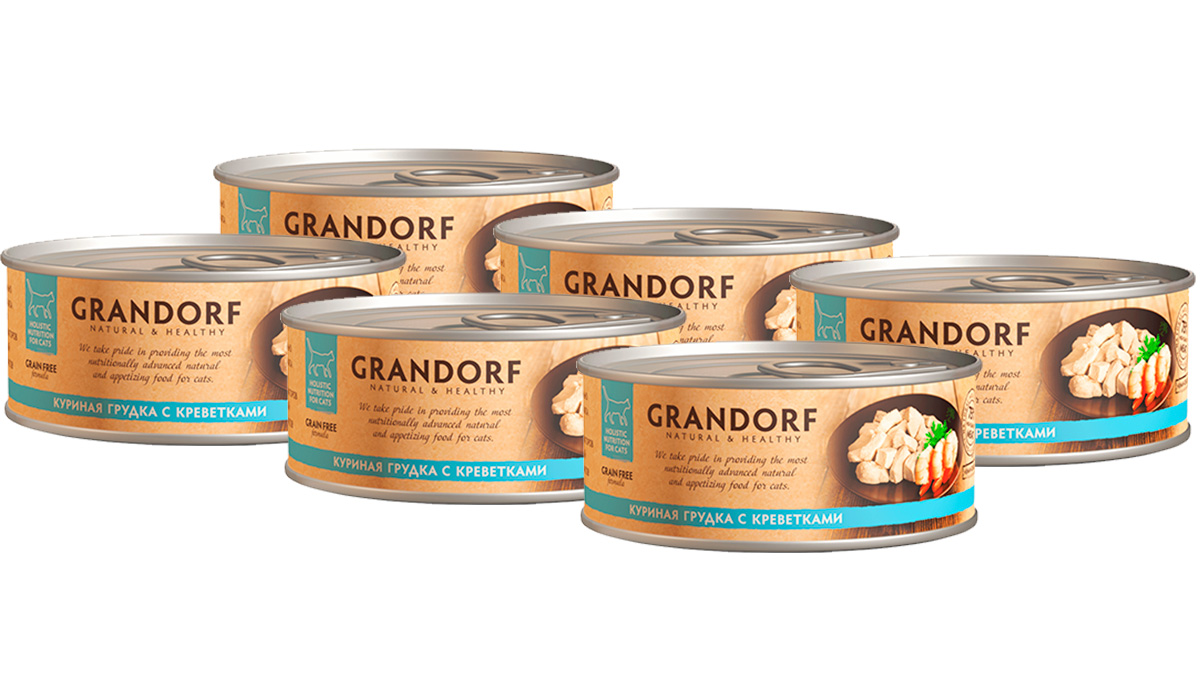 Консервы для кошек Grandorf Natural&Healthy, с куринойгрудкой и креветками, 6шт по 70г