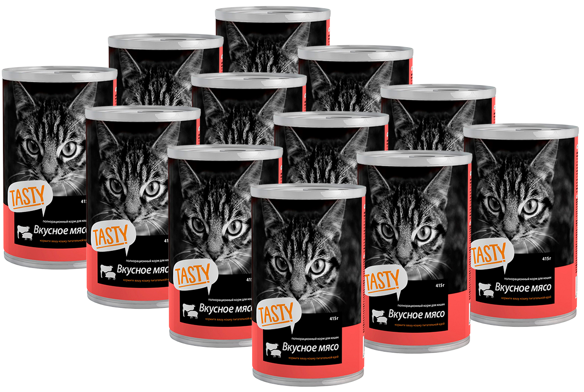 Консервы для кошек Tasty с мясным ассорти в соусе, 12 шт по 415 г