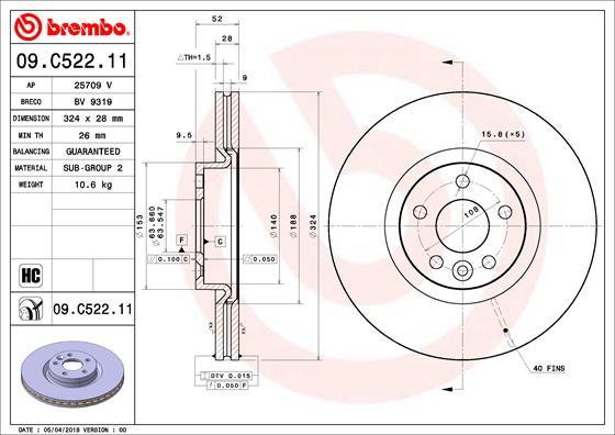 

Диск Торм.Пер.Volvo Xc60 I 13-17 324x28 Brembo арт. 09.C522.11