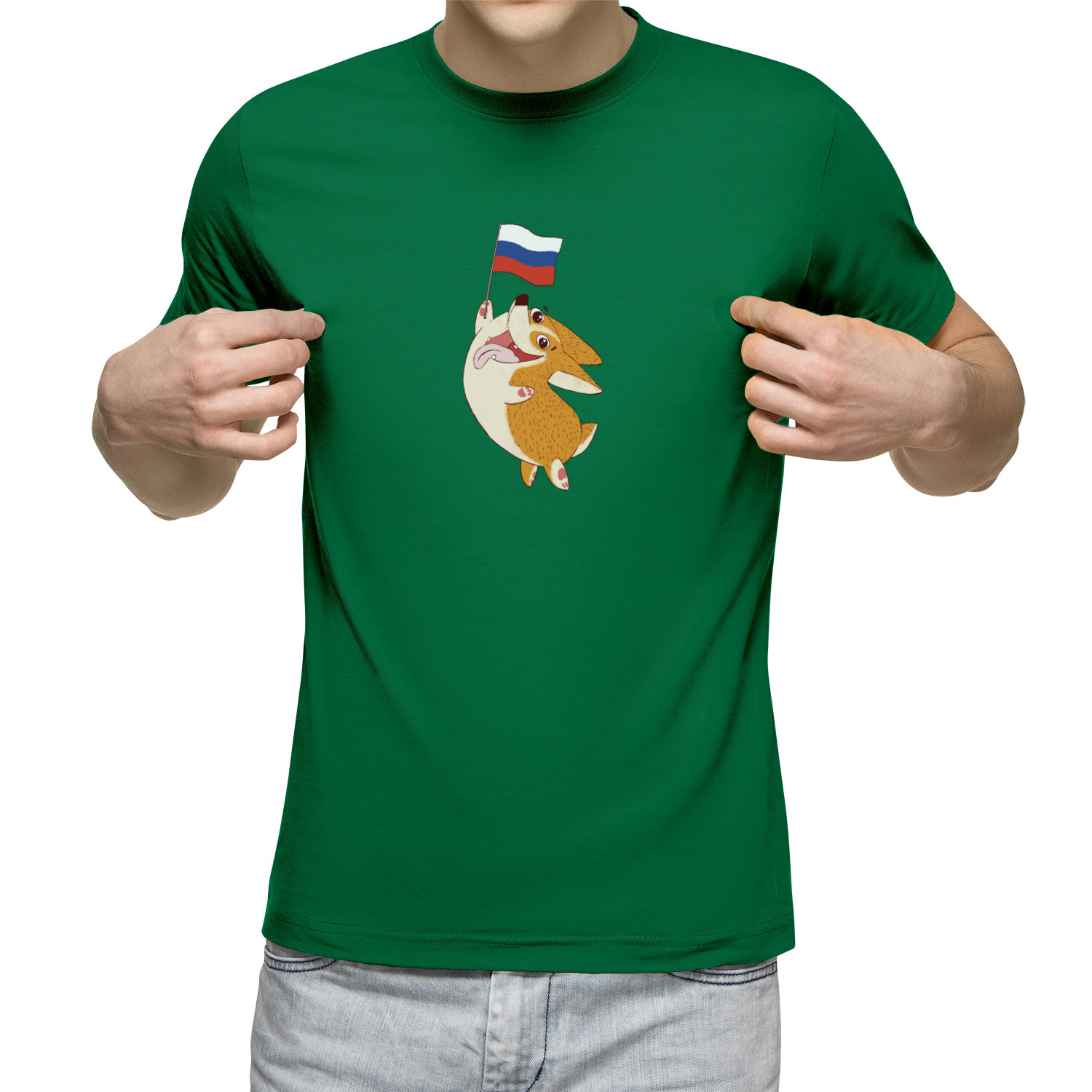 Футболка мужская Корги с флагом России зеленая 2XL