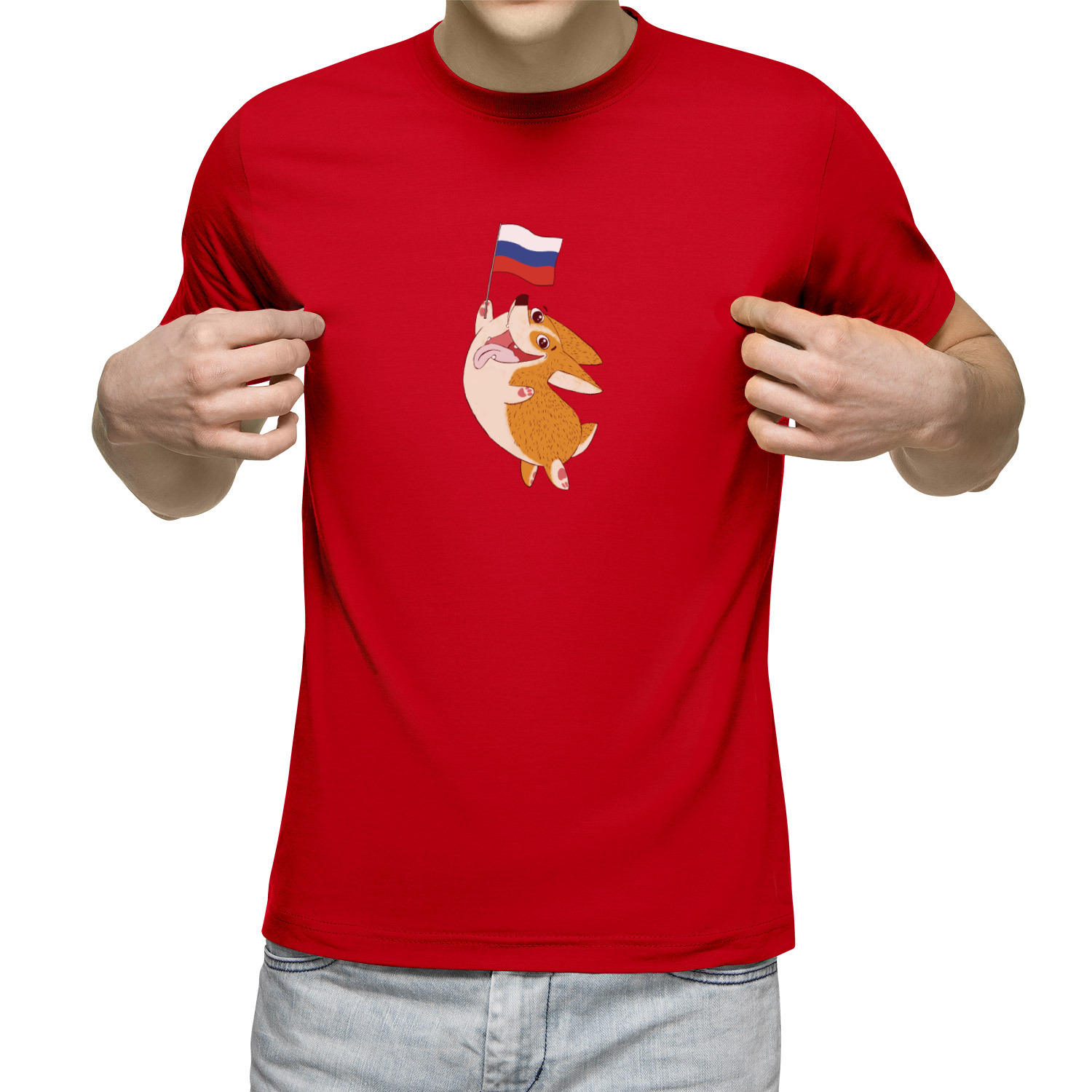 

Футболка мужская Корги с флагом России красная 2XL, Красный, Корги с флагом России