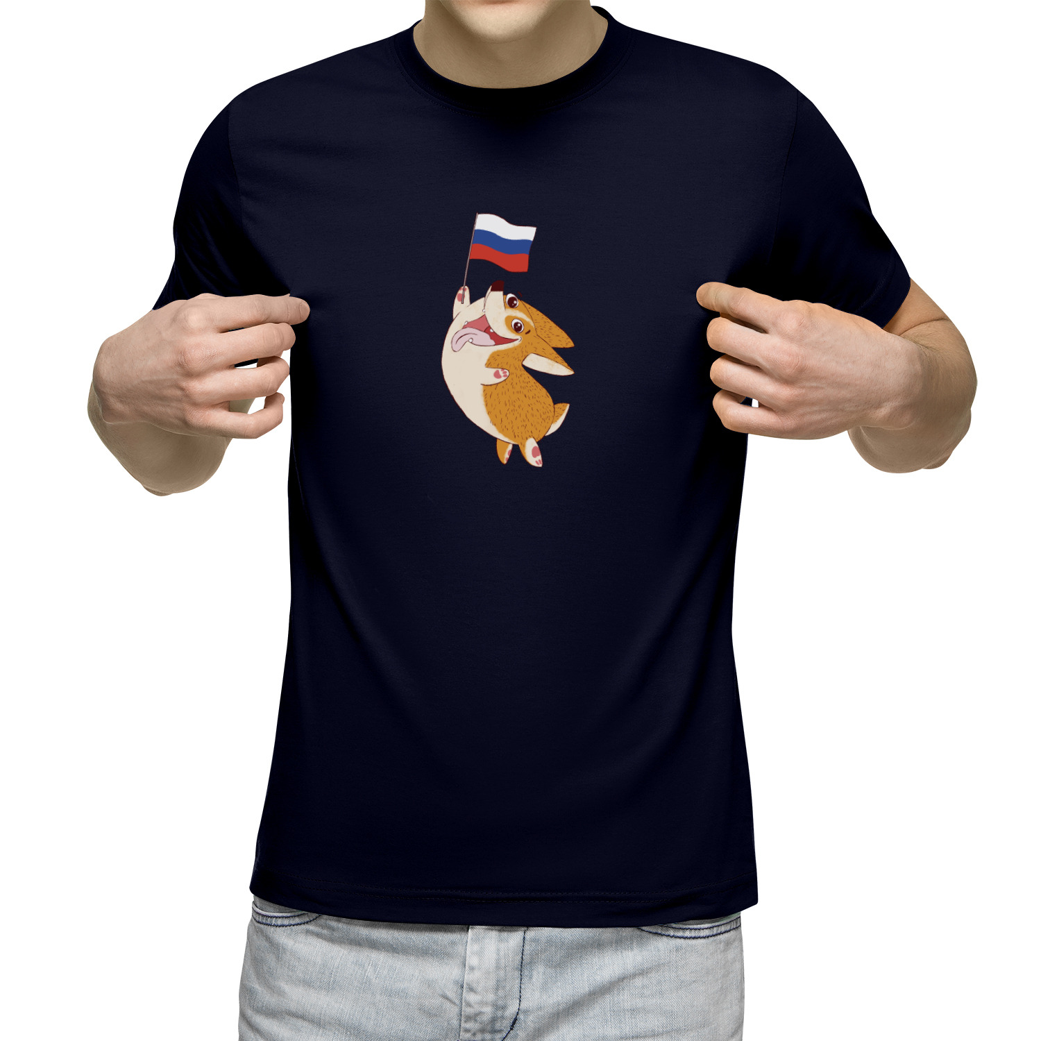 

Футболка мужская Корги с флагом России синяя 2XL, Синий, Корги с флагом России