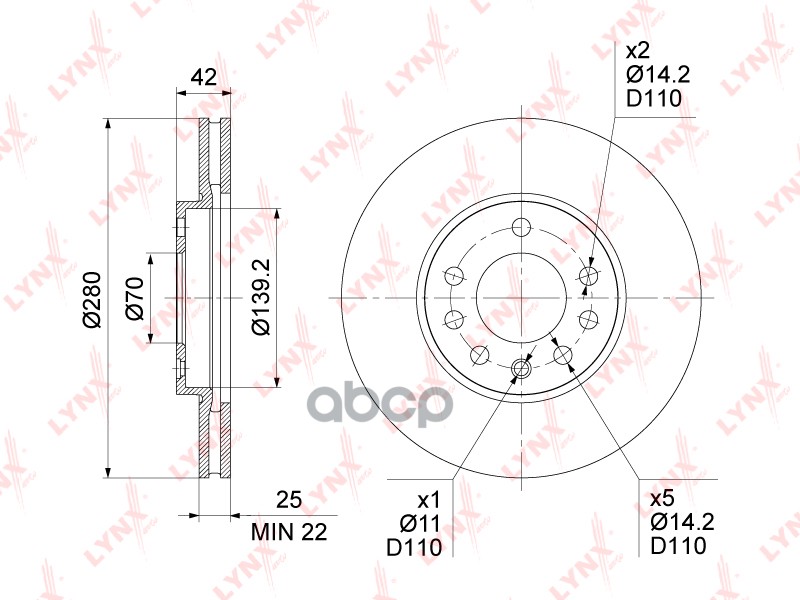 

Диск Торм.Пер.Opel Astra G,H 96-14/Zafira A,B 99-11 280x25 LYNXauto арт. BN-1837