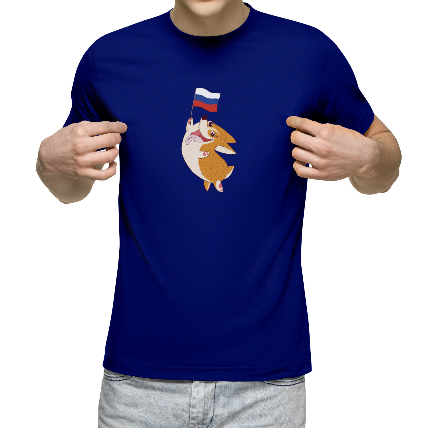 

Футболка мужская Корги с флагом России синяя 2XL, Синий, Корги с флагом России