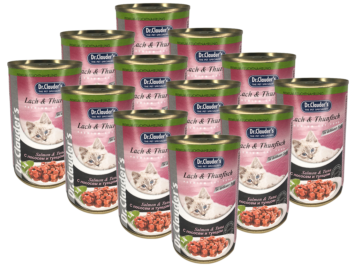 Влажный корм для взрослых кошек Dr.Clauder's с лососем и тунцом в соусе, 12 шт по 415 г