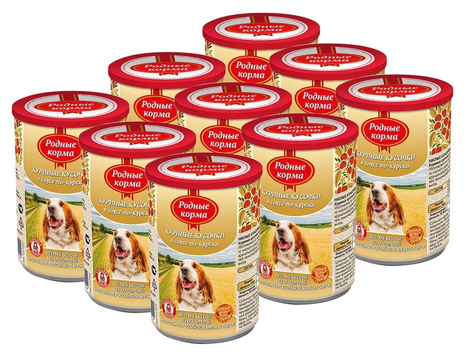 фото Влажный корм для собак родные корма куриные кусочки в соусе по-курски, 9 шт по 410 г