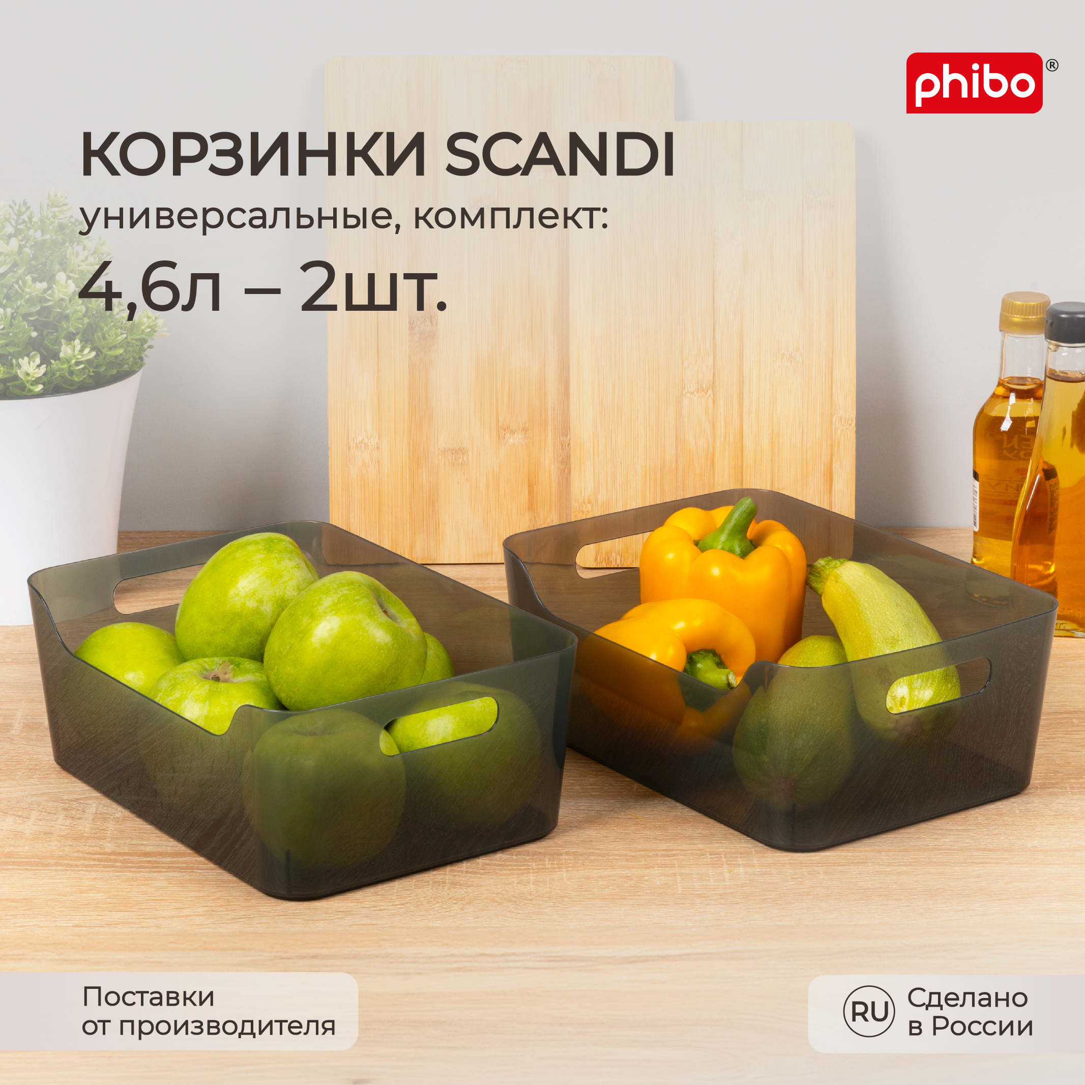 Комплект корзинок универсальных Phibo Scandi 4,6 л, 2 шт, 27x19x10,5 см, черный