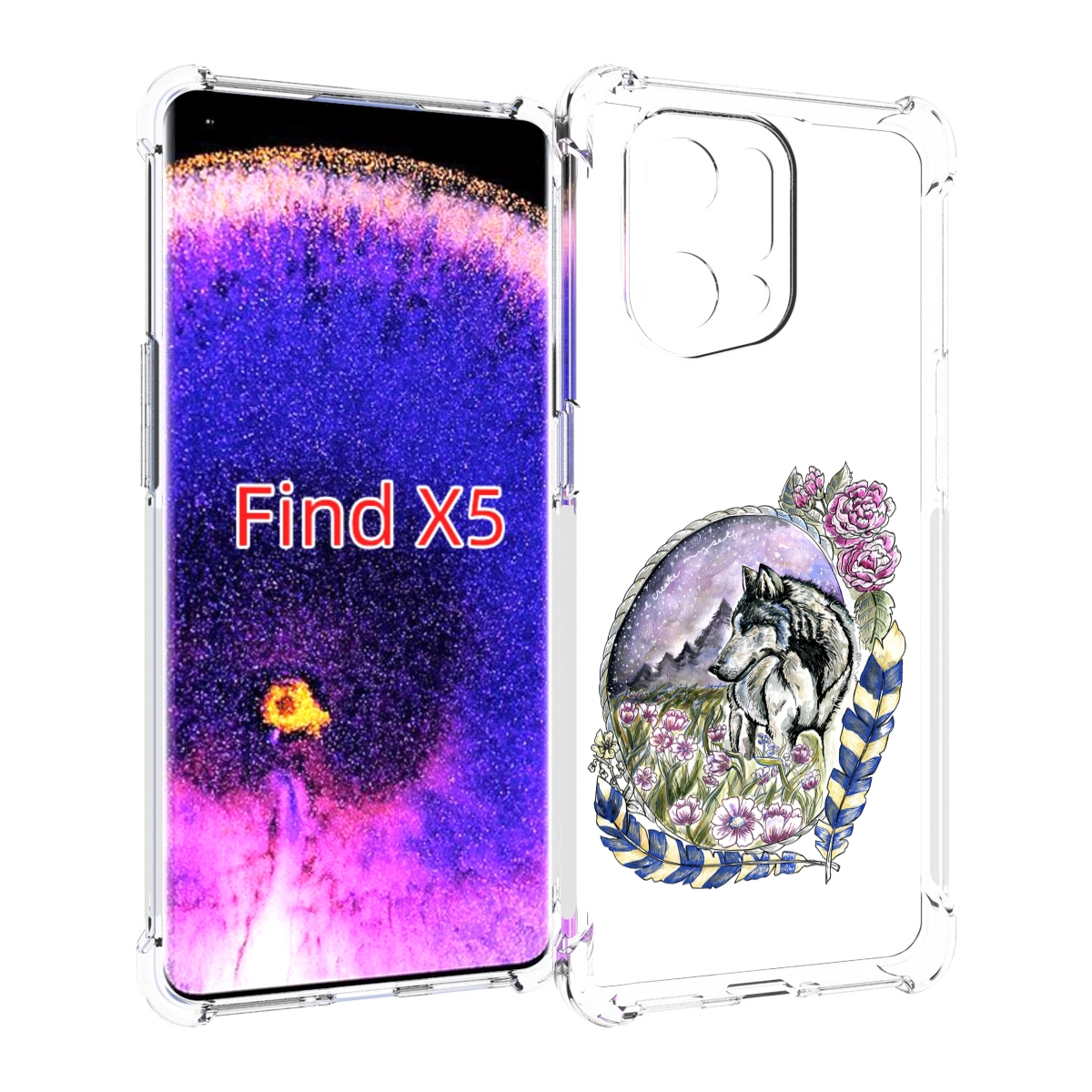 

Чехол MyPads нарисованный волк в цветах с перьями для Oppo Find X5, Прозрачный, Tocco