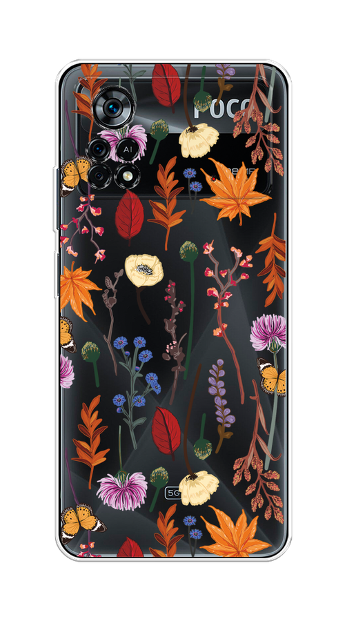 

Чехол на Xiaomi Poco X4 Pro 5G "Orange Purple flowers", Оранжевый;красный;розовый;желтый;прозрачный, 313150-1