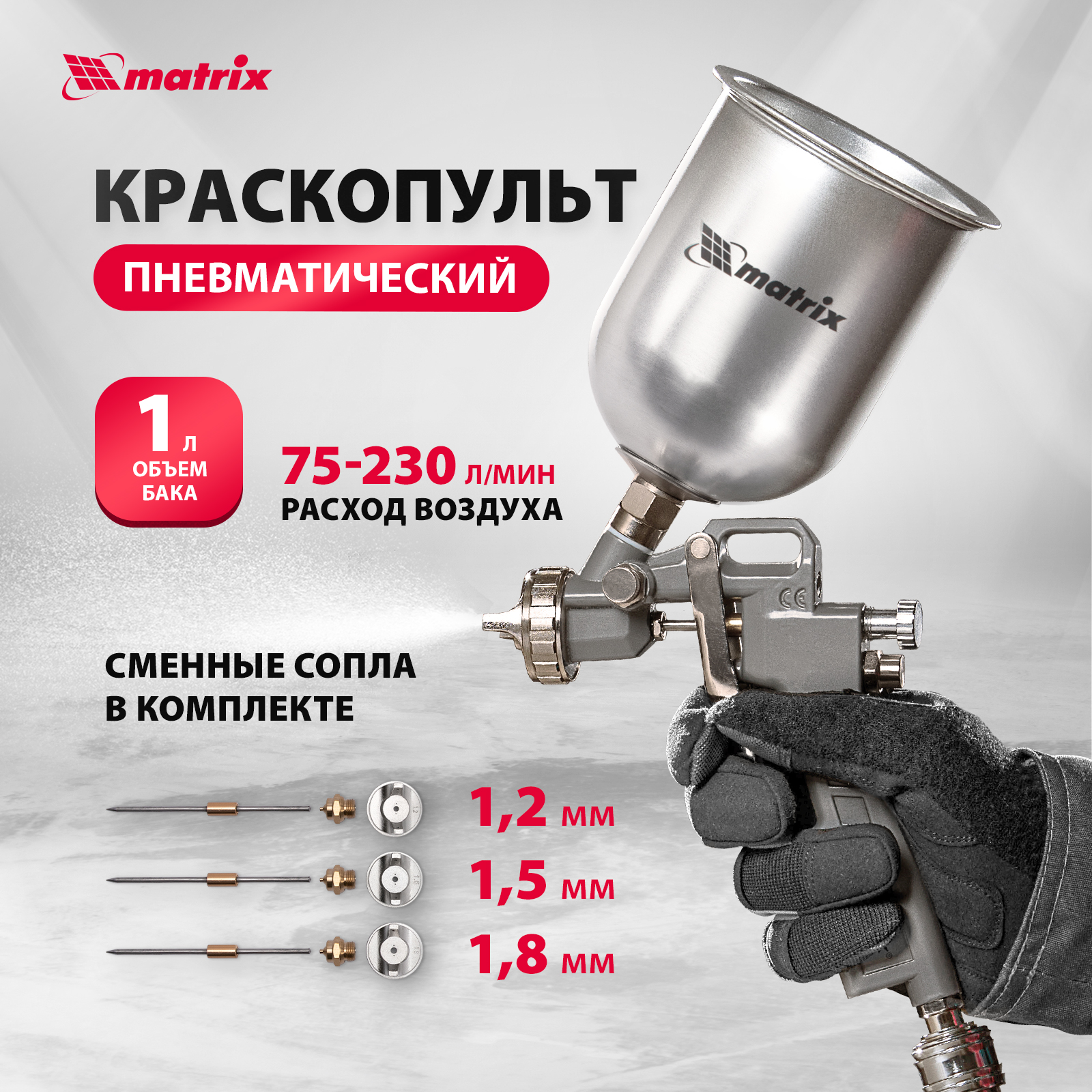 фото Краскопульт пневматический matrix сопло 1.2, 1.5 и 1.8 мм 57315