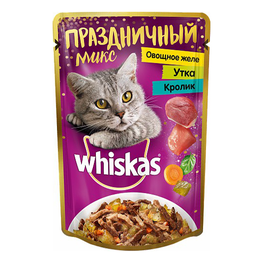 

Влажный корм для кошек Whiskas Праздничный микс с уткой кроликом и овощным желе, 85 г, кролик, овощи, утка 85 г