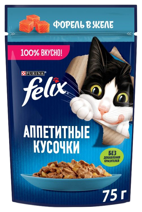 фото Влажный корм felix аппетитные кусочки с форелью в желе для кошек 75 г