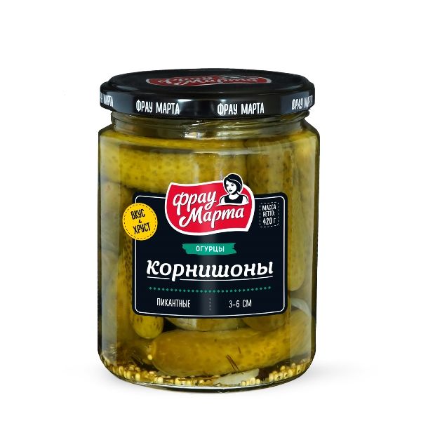 Огурцы Фрау Марта корнишоны, пикантные, 420 г