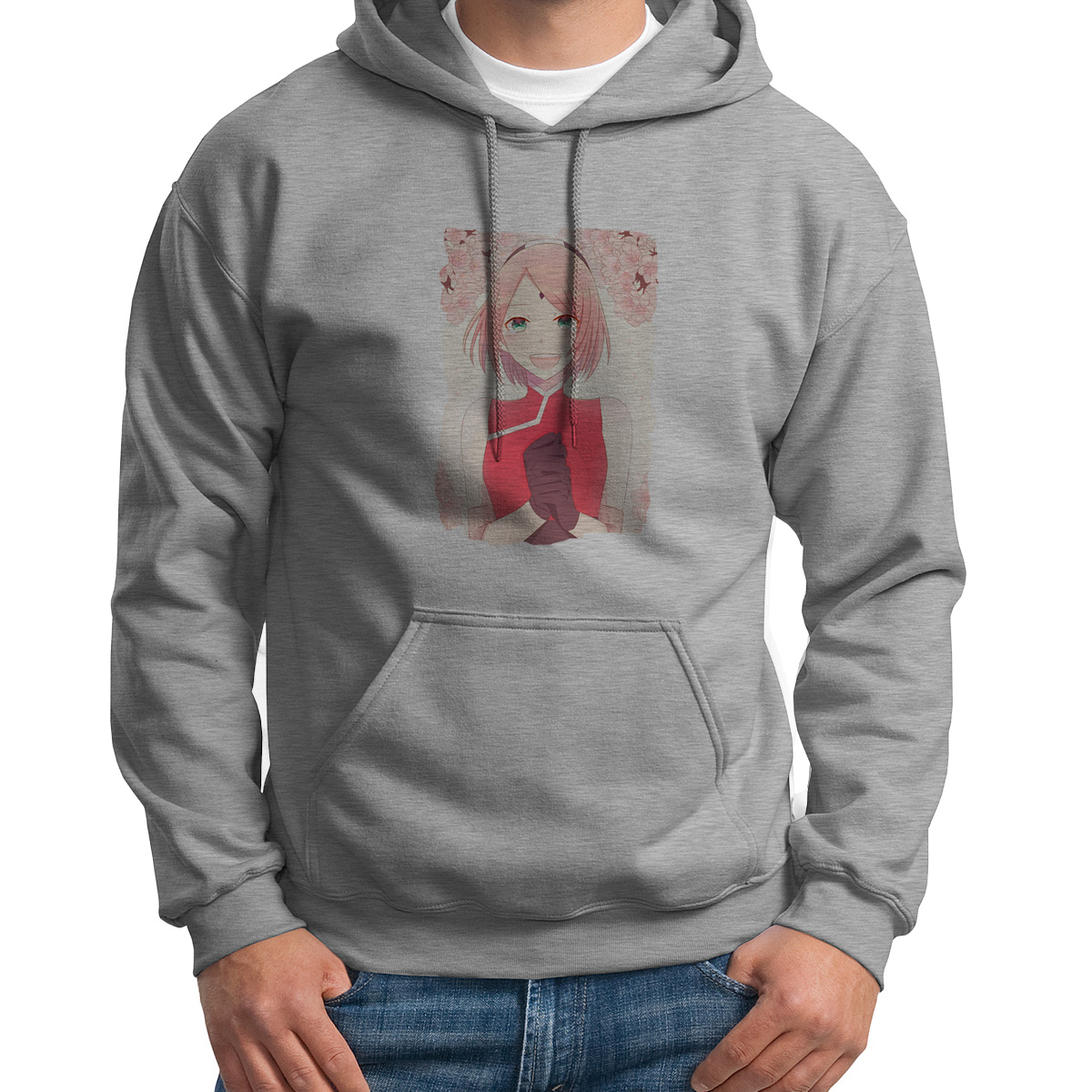 

Худи унисекс CoolPodarok Аниме Розовый фон (сложила радостно руки) серое 44 RU, Серый, 4S041322