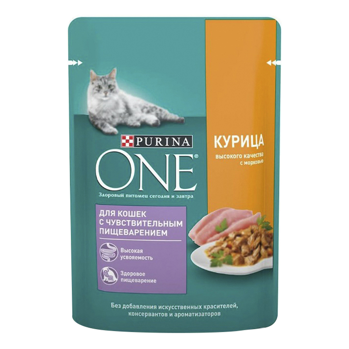 Влажный корм для кошек Purina ONE с курицей и морковью с чувствительным пищеварением, 75 г