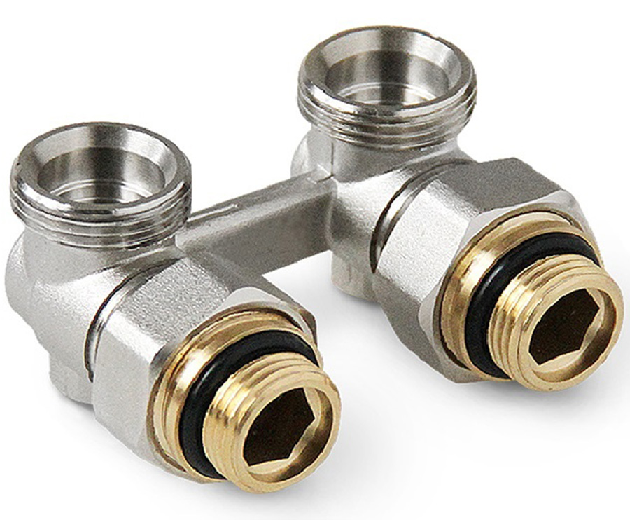 

Узел нижнего подключ. радиатора Н-образный, 1/2"х3/4" НР (с адаптерами) угловой