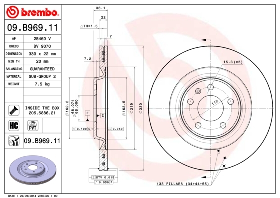 

Тормозной диск brembo задний для Audi A4 2007-, A5 2007-, A6 2010- 09B96911