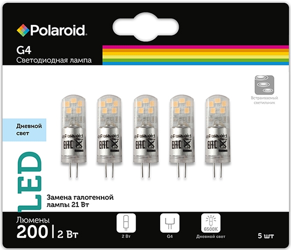 

Светодиодная лампа Polaroid 12V G 2W 6500K G4 200lm (5 шт.)