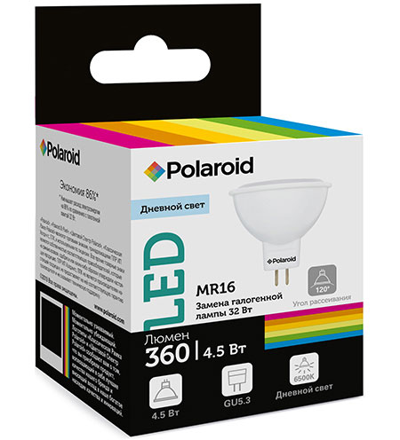 фото Светодиодная лампа polaroid 220v mr16 4,5w 6500k gu5.3 360lm