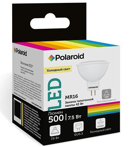 

Светодиодная лампа Polaroid 220V MR16 7,5W 4000K GU5.3 500lm