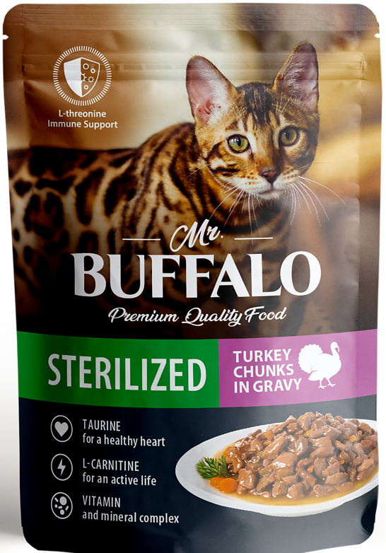 Влажный корм для кошек Mr.Buffalo STERILIZED индейка в соусе 85 г