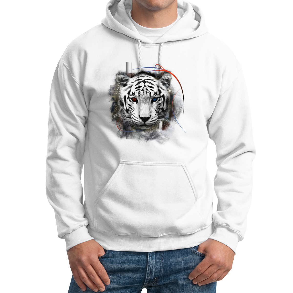 

Худи унисекс CoolPodarok Тигр красный и синий глаза белое 48 RU, 8M015709