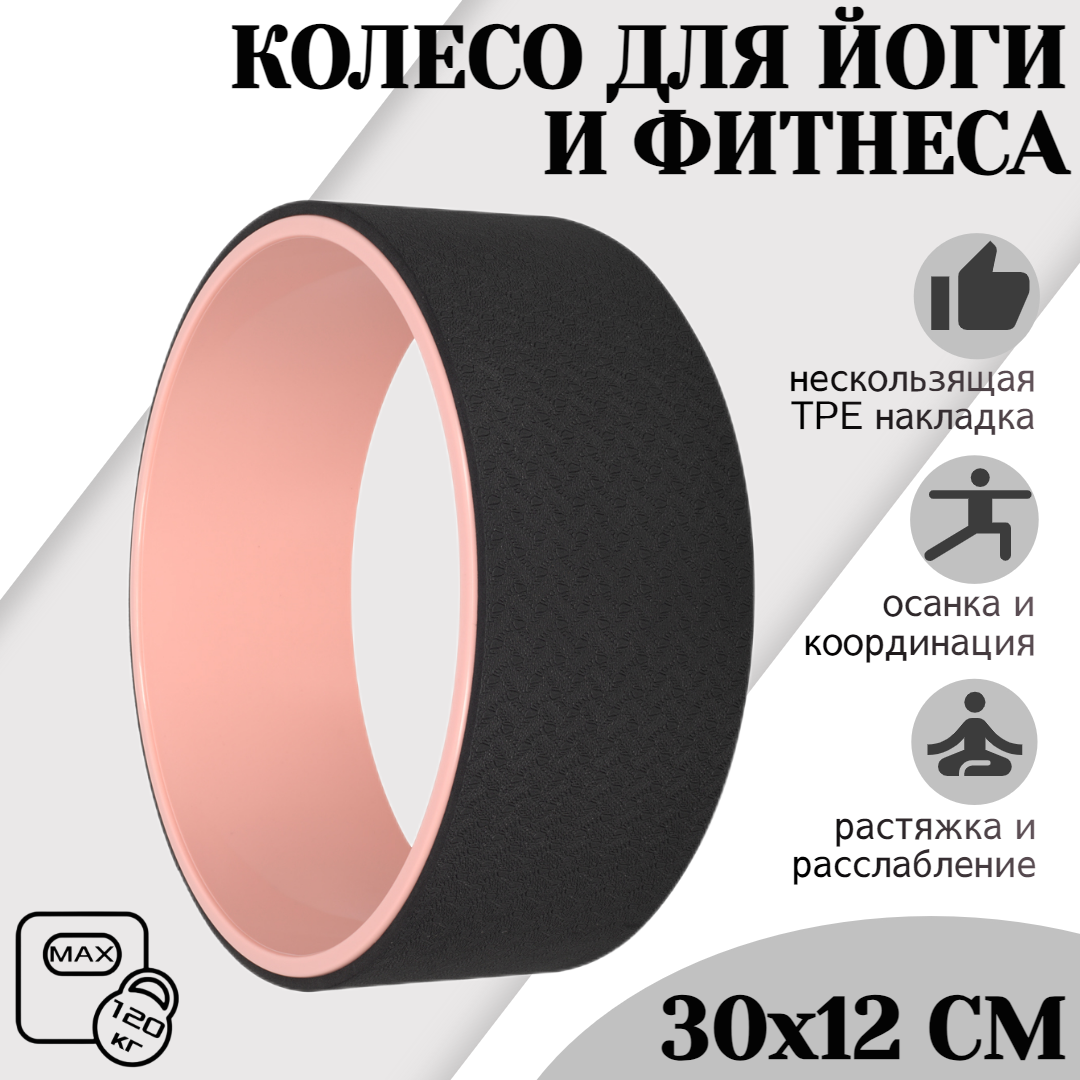 Колесо для йоги, фитнеса и пилатес STRONG BODY 30 см х 12 см, черно-розовое