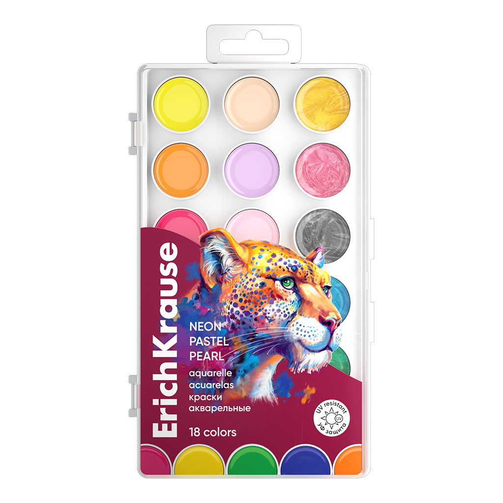 Краски акварельные ErichKrause Safari Neon+Pastel+Pearl,61380, с УФ защитой яркости 18 цв